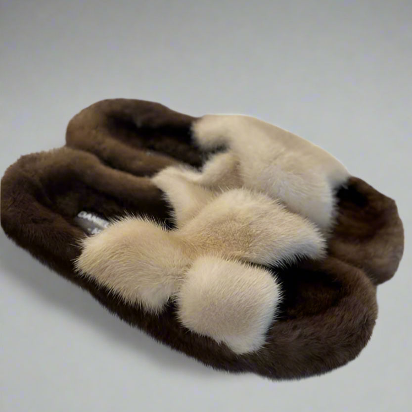 MINK CROSS OVER SLIDES - DARK BROWN/IVORY