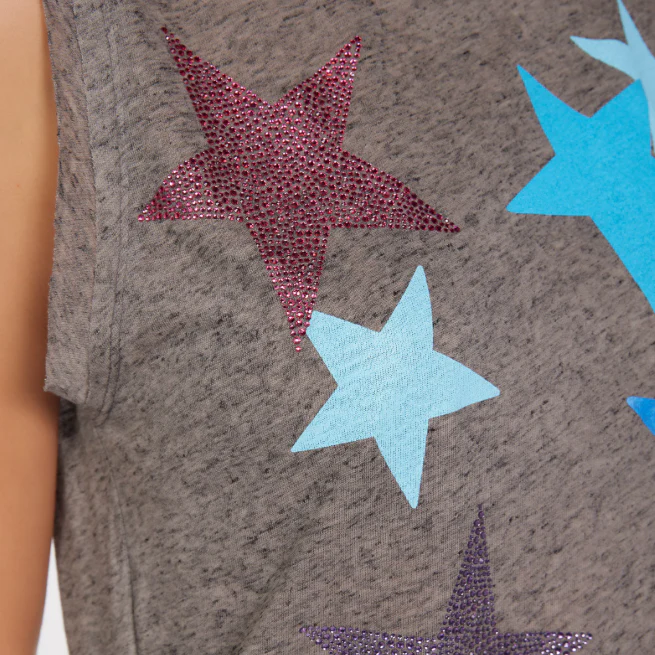 Gray fabric with red, blue, and purple star patterns