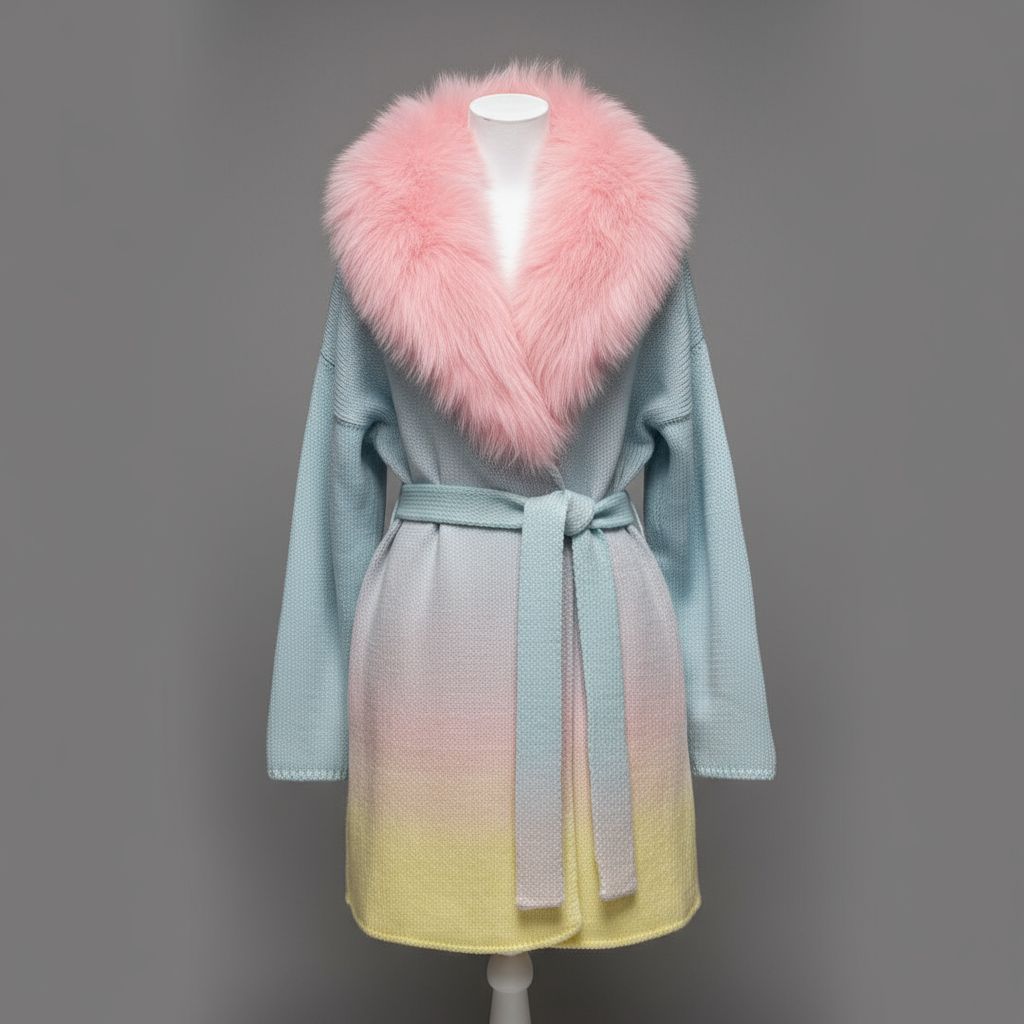 MULTI COLORED WOOLEN CARDIGAN WITH FUR COLLAR