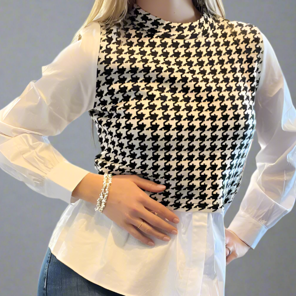 BLACK AND WHITE HOUNDSTOOTH PRINT BLOUSE