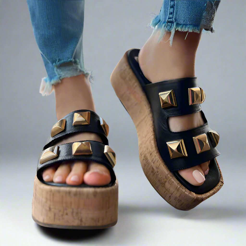 BLACK STUDDED CORK WEDGE