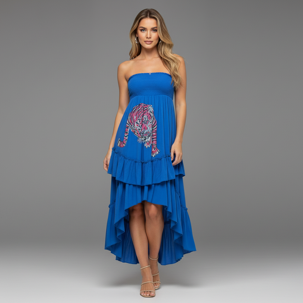 BLUE RUCHED TIGER DRESS