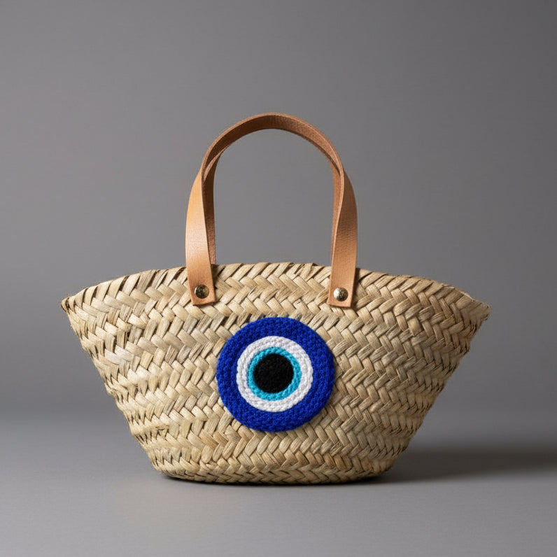 MINI EVIL EYE STRAW BUCKET BAG