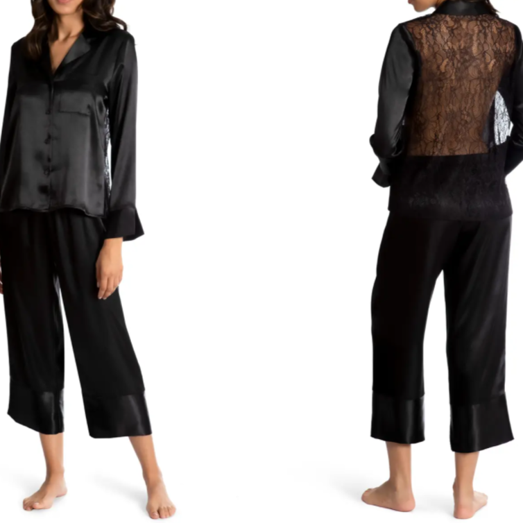BLACK SATIN WITH LACE BACK PJ SET