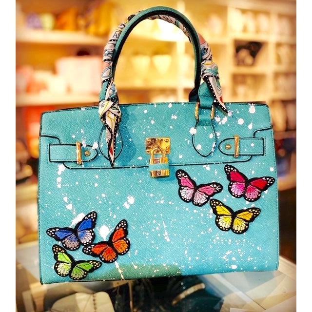 TURQUOISE COWBOY BAG WITH BUTTERFLIES