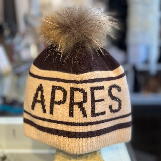 Beige APRES Ski Hat with Pom Pom