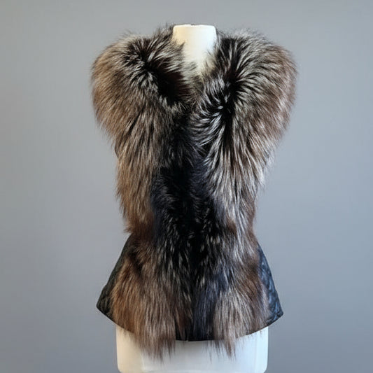 BLACK LEATHER & SILVER BROWN FOX VEST