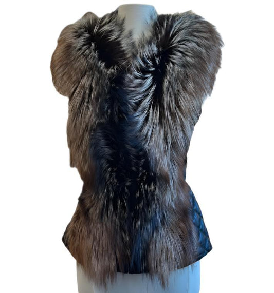 BLACK LEATHER & SILVER BROWN FOX VEST