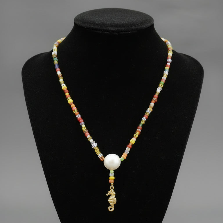 GLASS BEADS W/ PEARL AND CHARM NECKLACE