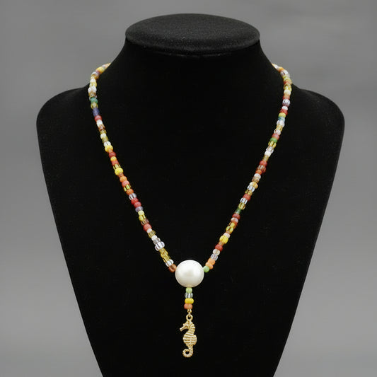 GLASS BEADS W/ PEARL AND CHARM NECKLACE