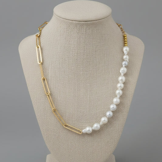 SQUARE LINK PEARL NECKLACE