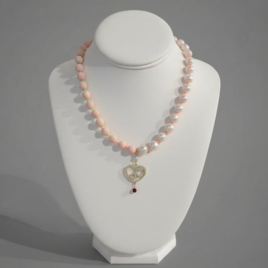 PINK CORAL PEARLS W/ CZ HEART NECKLACE