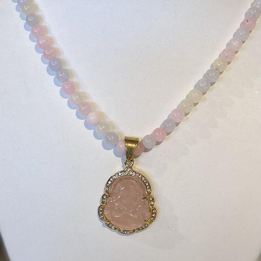 PINK MORGANITE W QTZ BUDDHA