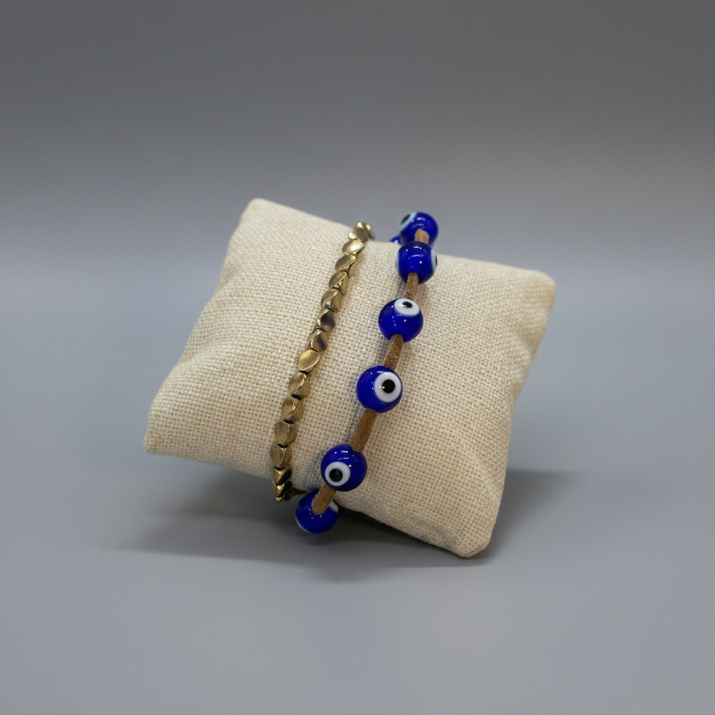 BROWN LEATHER EVIL EYE GOLD DISC BRAC