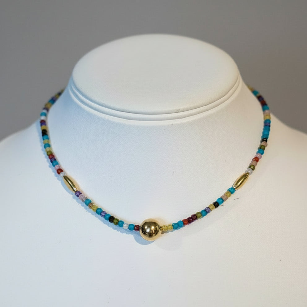 MULTI QUARTZ W GOLD BEAD NECKLACE