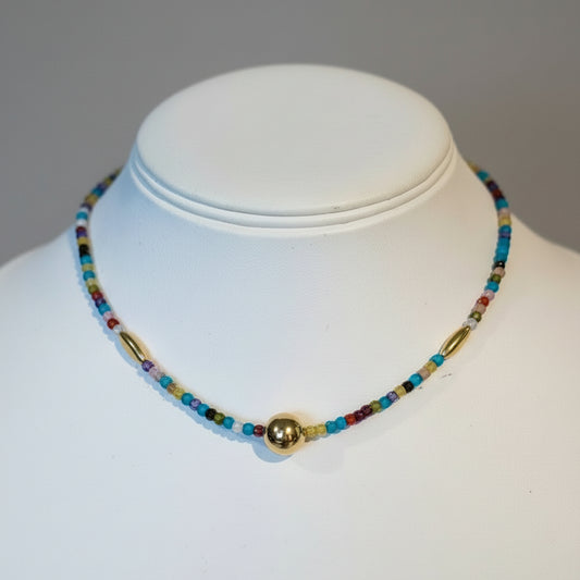 MULTI QUARTZ W GOLD BEAD NECKLACE