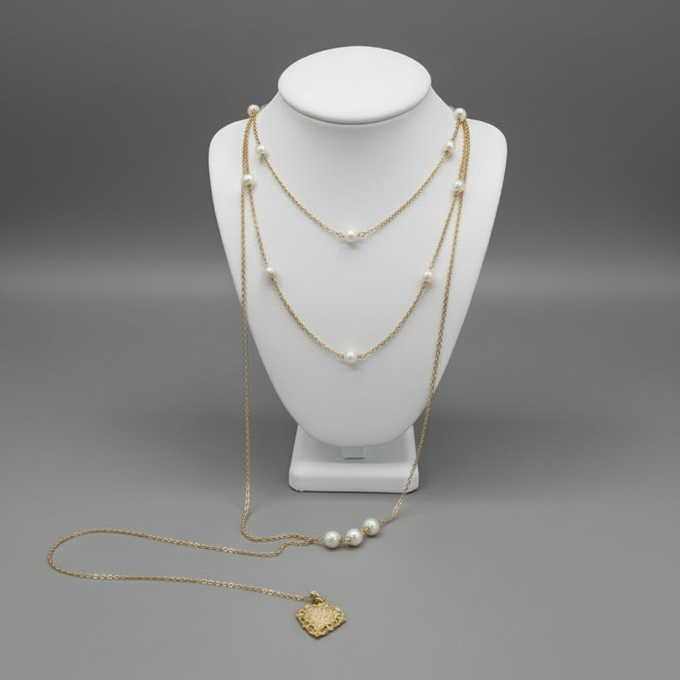 GOLD LARIAT WITH PEARLS & HEART