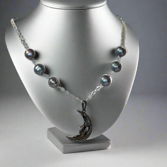 CRESCENT MOON AND BLACKED PEARLS NECKLACE