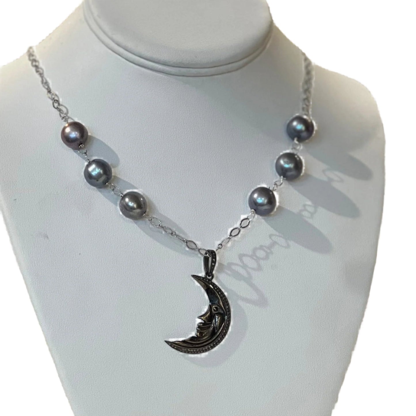 CRESCENT MOON DIAMOND STER SILV BLACKENED W PEARLS