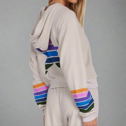 Light gray hoodie with colorful sleeve designs on a white background