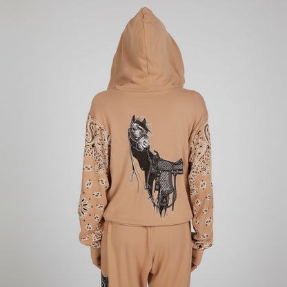 TAN ZIP UP HORSE HOODIE