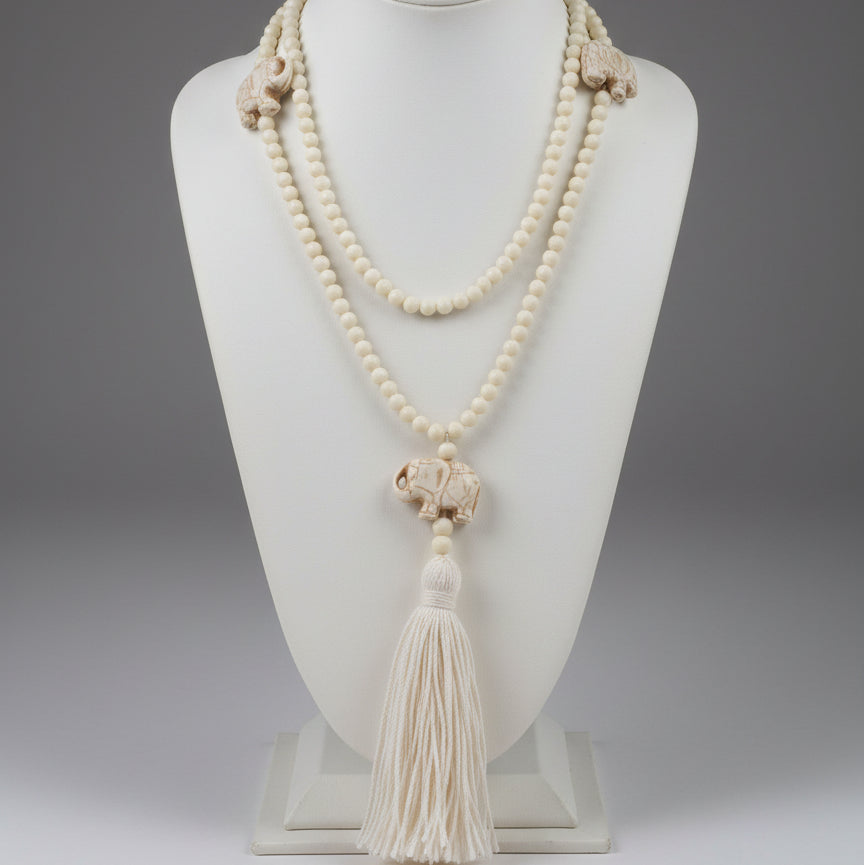 WHITE CORD HOWLITE ELEPHANT NECKLACE