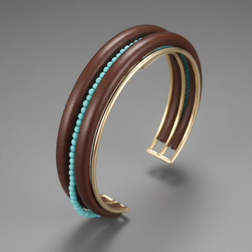 14KT GOLD TURQUOISE / LEATHER CUFF BRACELET
