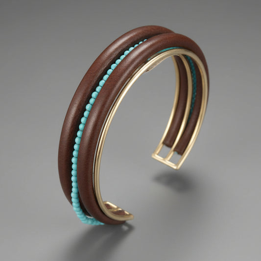 14KT GOLD TURQUOISE / LEATHER CUFF BRACELET