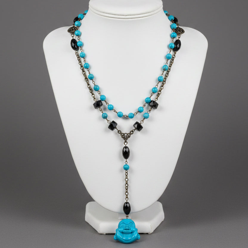 ROSARY STYLE AUTHENTIC TURQUOISE BUDDHA HOWLITE NECKLACE