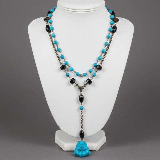 ROSARY STYLE AUTHENTIC TURQUOISE BUDDHA HOWLITE NECKLACE