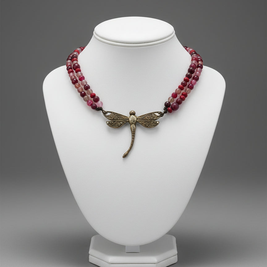 DRAGON FLY AGATE ROSE PINK NECKLACE