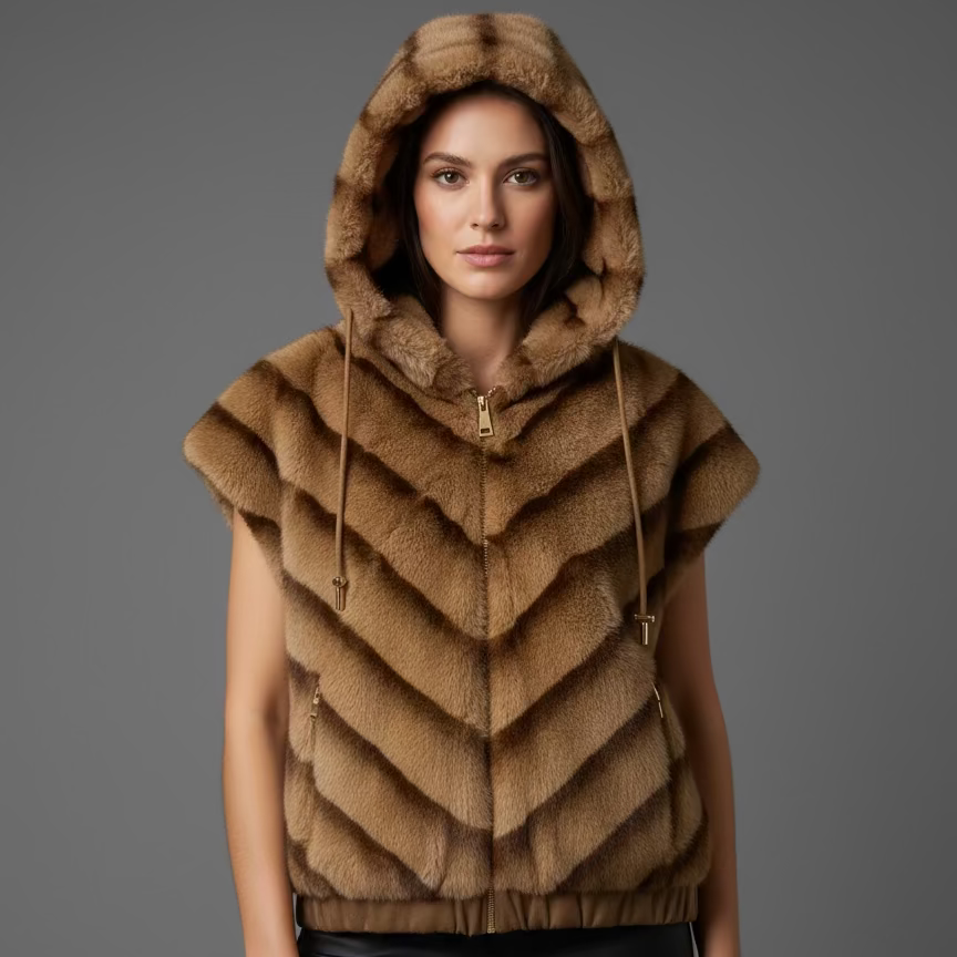 Brown fur vest hanging on a rack in a room with clothes and a window.
