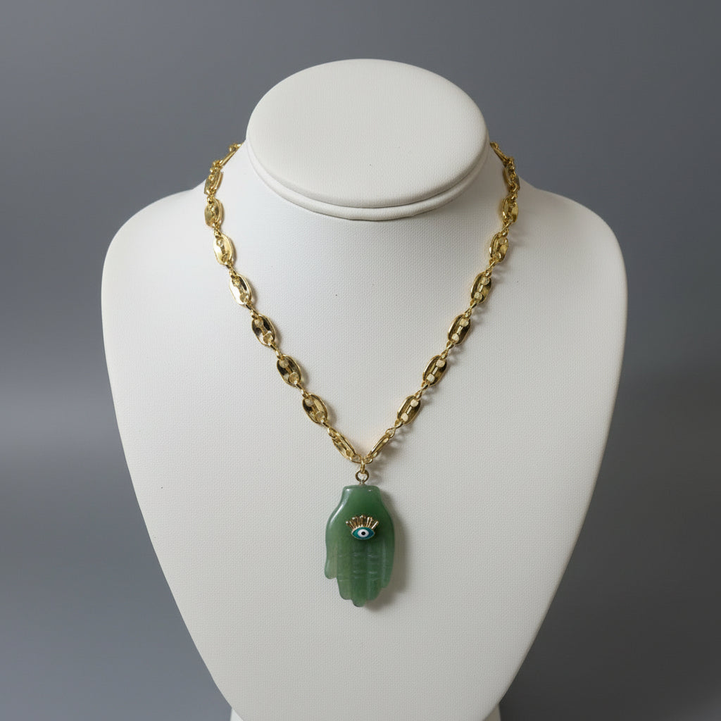 AGATE HAMSA W EVIL EYE ON LINK CHAIN