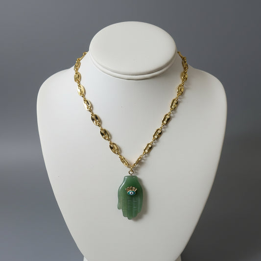 AGATE HAMSA W EVIL EYE ON LINK CHAIN