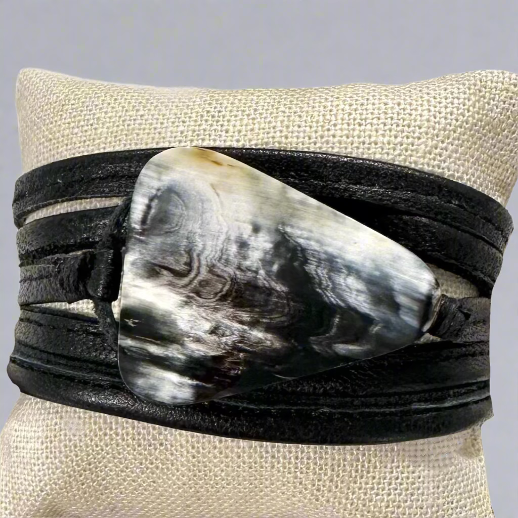 HORN STERLING AND LEATHER BRACELET