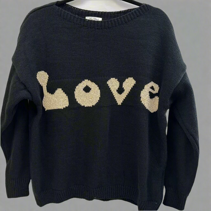Black metallic knit sweater with the word 'LOVE' written in white on the chest area.
