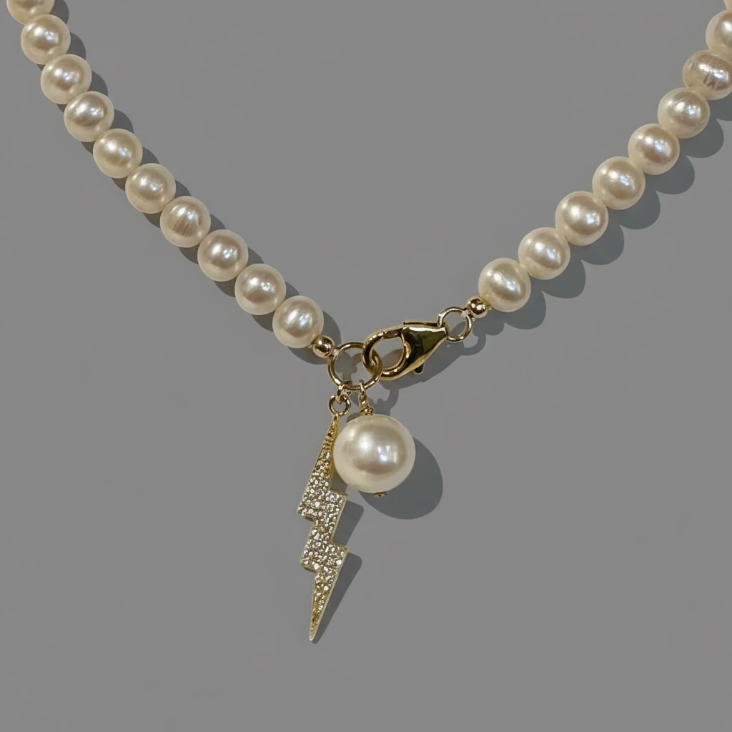 PEARL NECKLACE W PAVE LIGHTENING BOLT CHARM