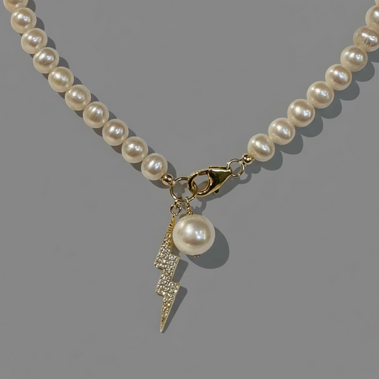 PEARL NECKLACE W PAVE LIGHTENING BOLT CHARM