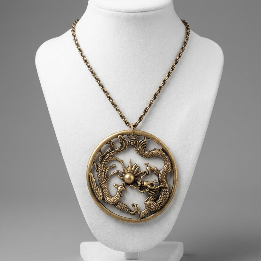 LUCKY DRAGON ANTIQUE BRASS MEDALLION NECKLACE