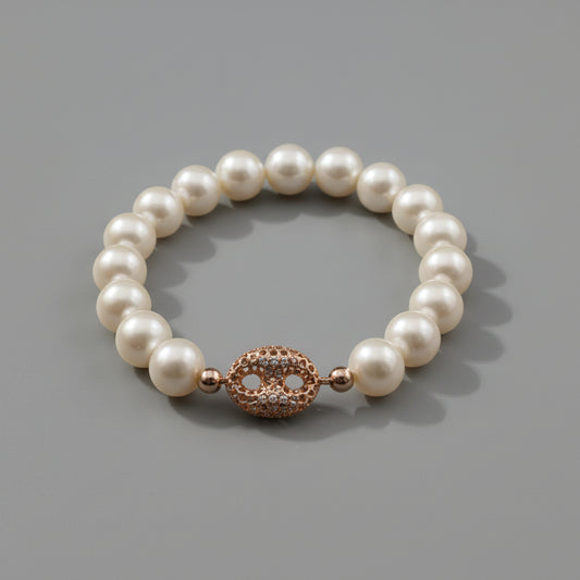 14KT YELLOW GOLD AND PEARL LINK BRACELET