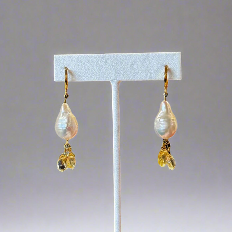 BAROQUE PEARL CITRINE GLD FIL-EARRINGS