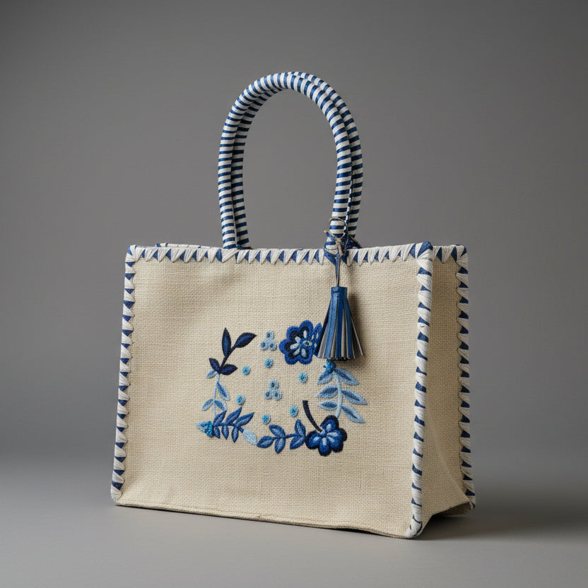 BIG BEADED JUTE BAG WITH FLOWERS