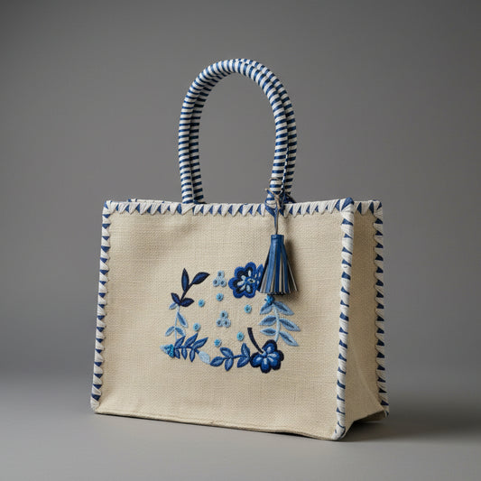 BIG BEADED JUTE BAG WITH FLOWERS