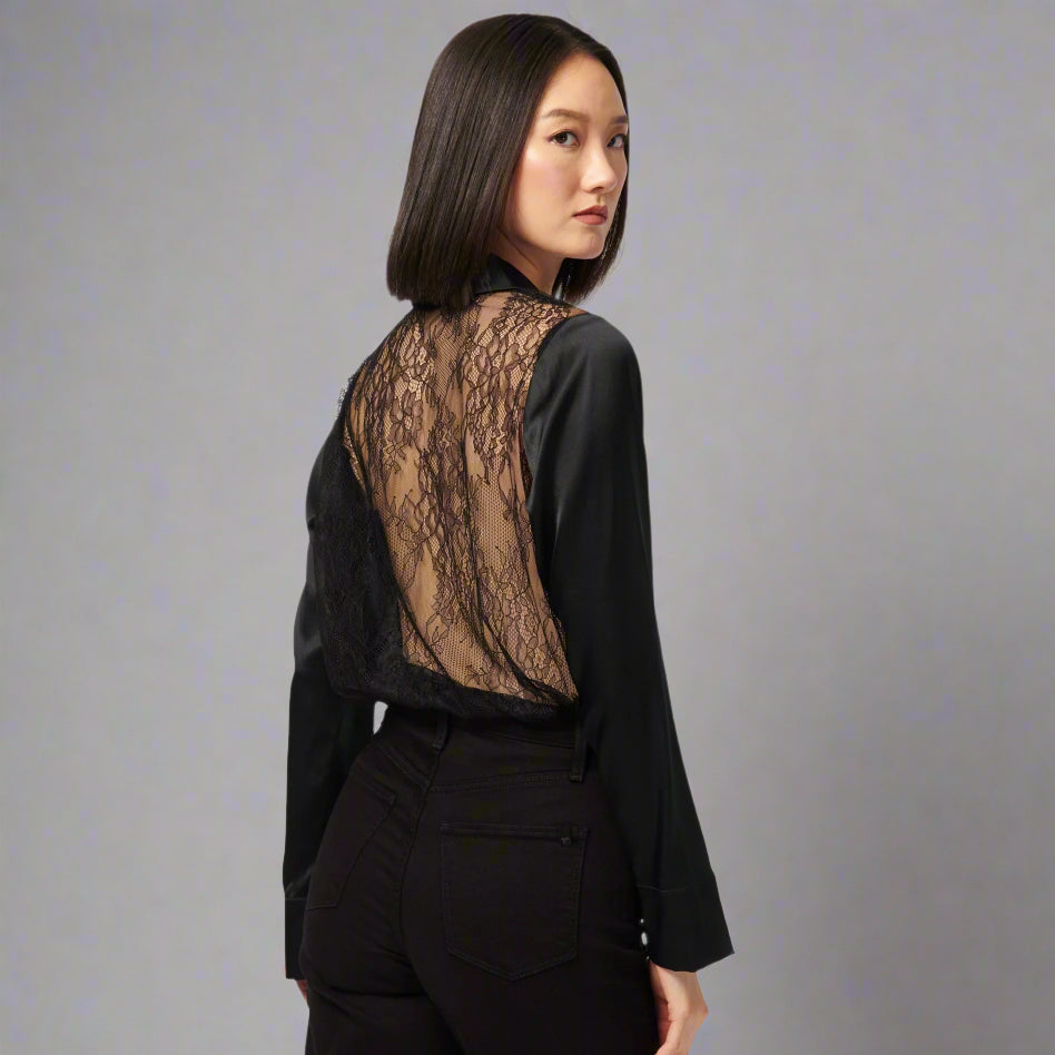 BLACK SATIN WITH LACE BACK PJ SET