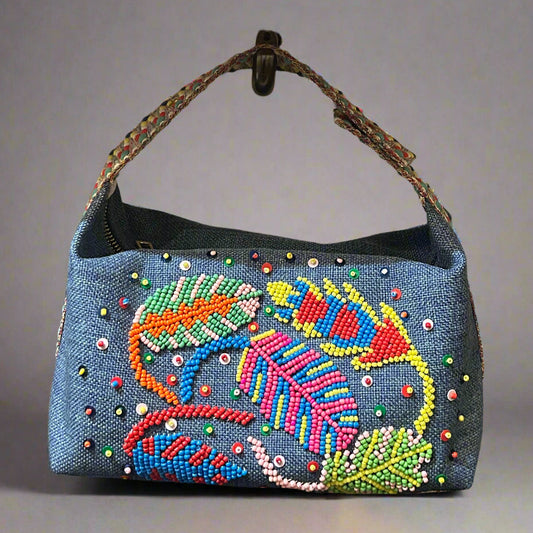 DENIM FEATHER CLUTCH BAG
