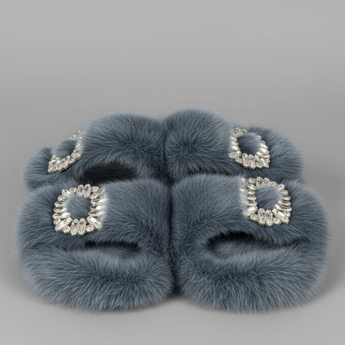 MINK SLIDES WITH CRYSTAL BUCKLES