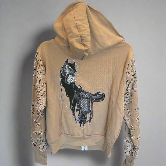 TAN ZIP UP HORSE HOODIE