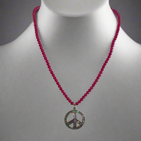 SAPPHIRE AND RED AGATE PEACE SIGN NECKLACE