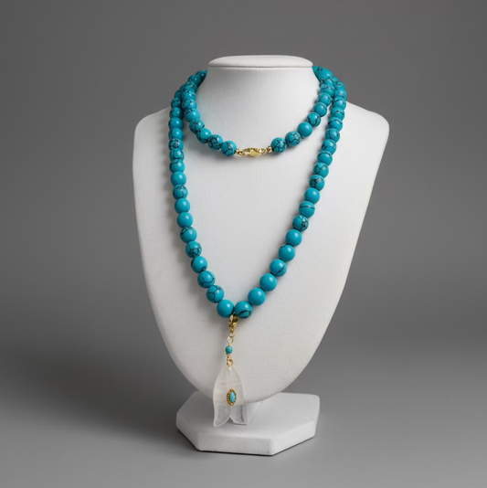 TURQUOISE BEADED NECKLACE W MOONSTONE FISH