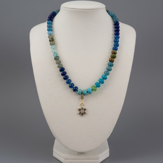 BLUE BEADED STAR OF DAVID NECKLACE
